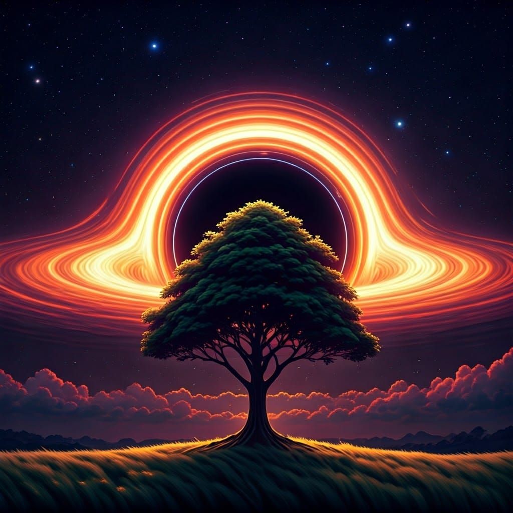 Tree Against Black Hole in Surreal Digital Art