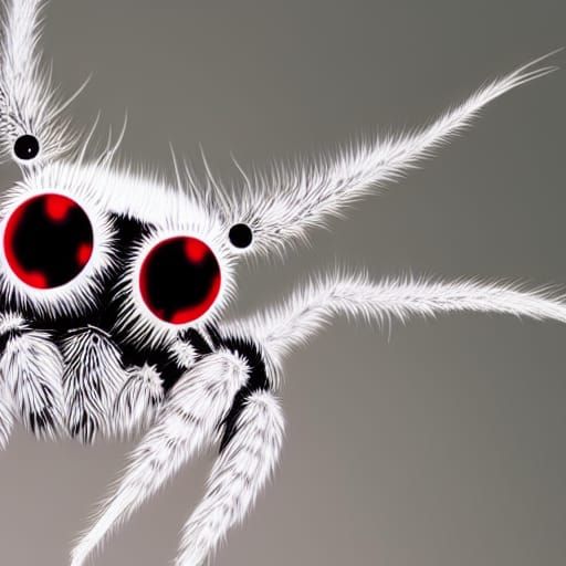 Mythical White Jumping Spider with Red Eyes