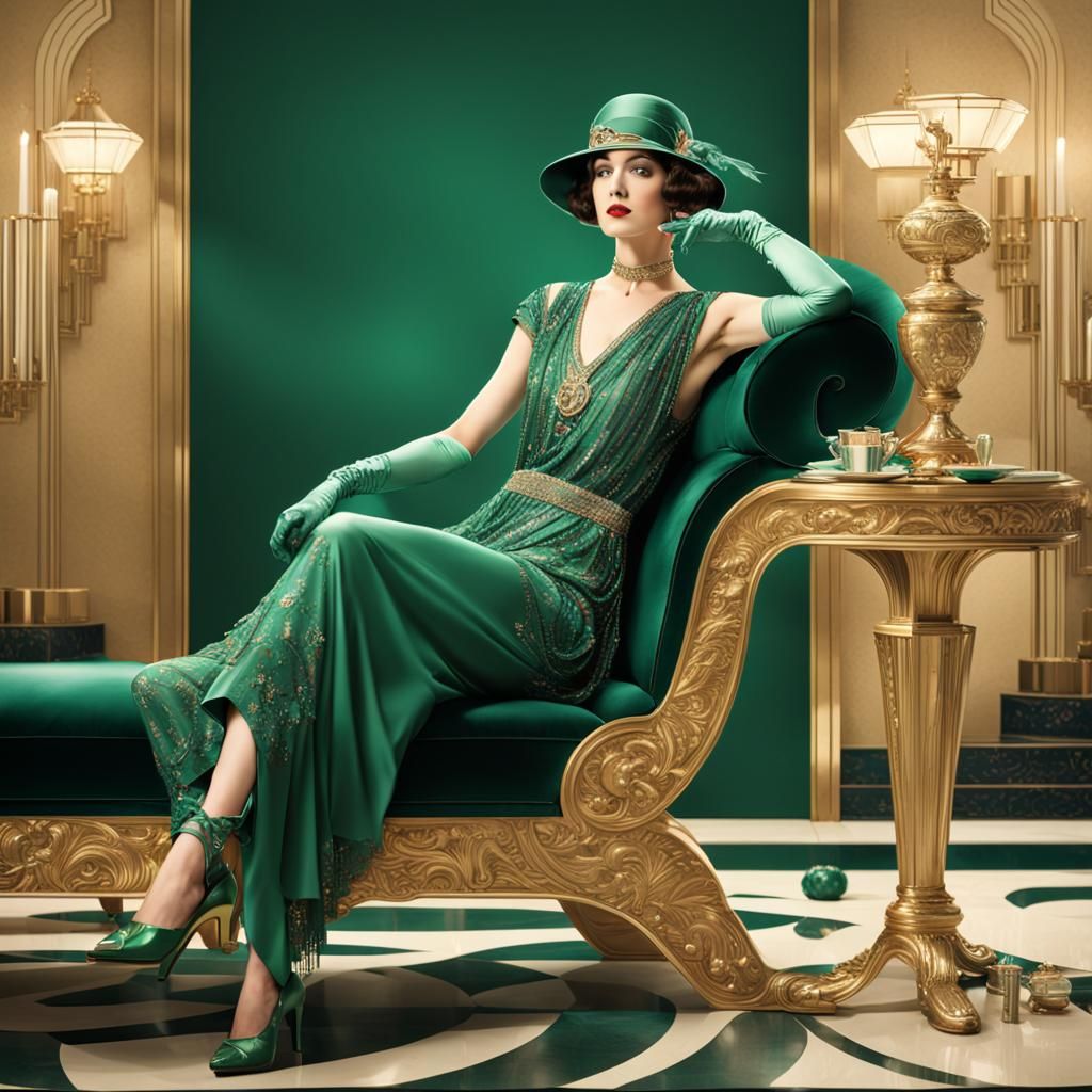 Art Deco Woman Lounging in Opulent Parlor
