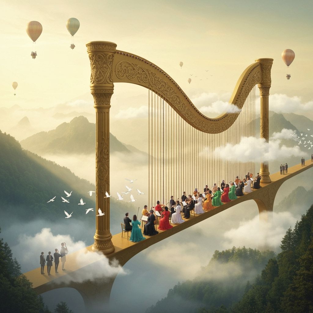 Orchestra Plays on Giant Harp in Misty Mountains