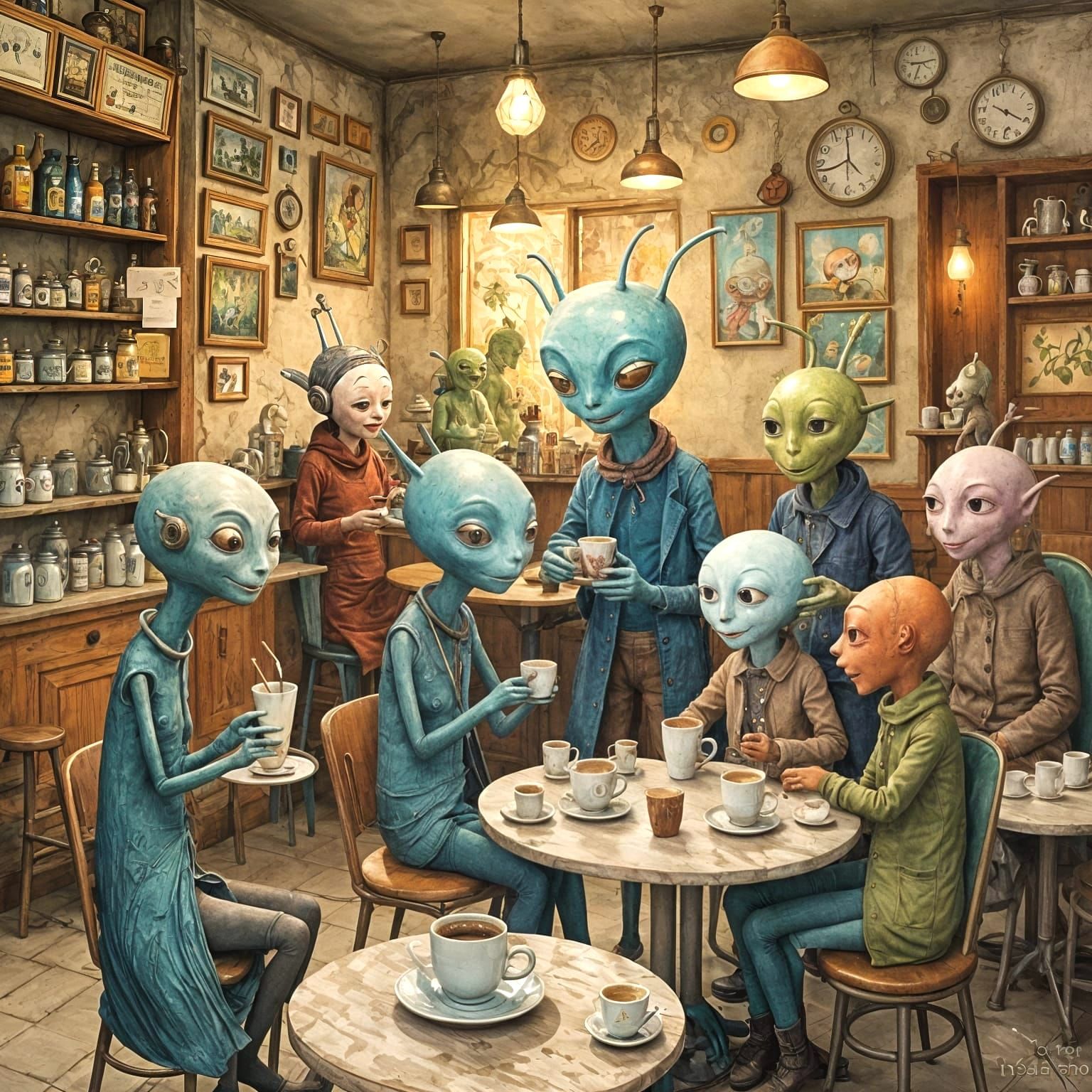 Whimsical Alien Cafe Illustration with Friends