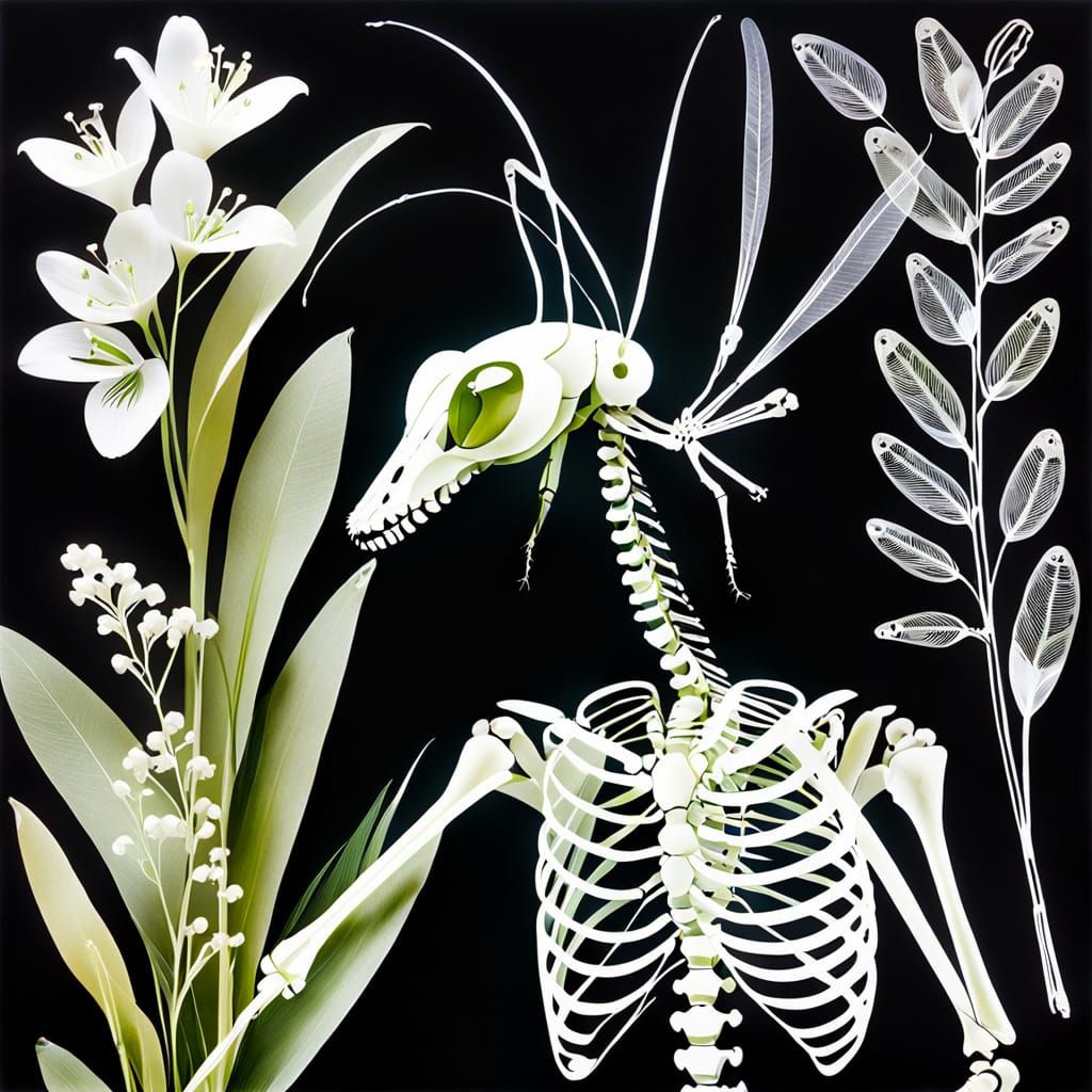 Rayograph Collage of Praying Mantis and Flora