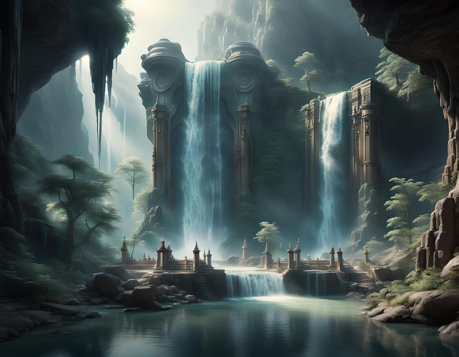 Enchanted Shrine and Waterfall on Alien Planet