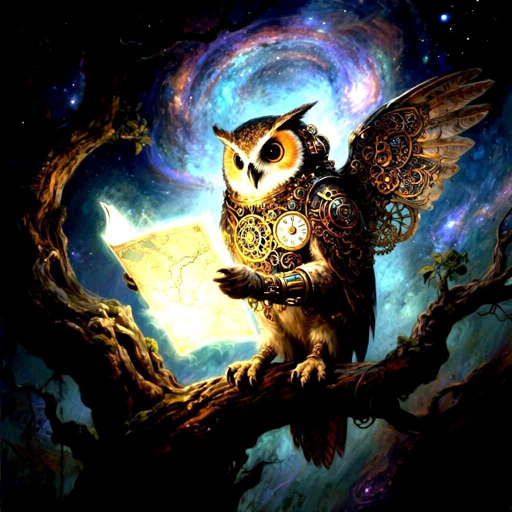 Steampunk Owl Reads Ethereal Map in Cosmic Nebula