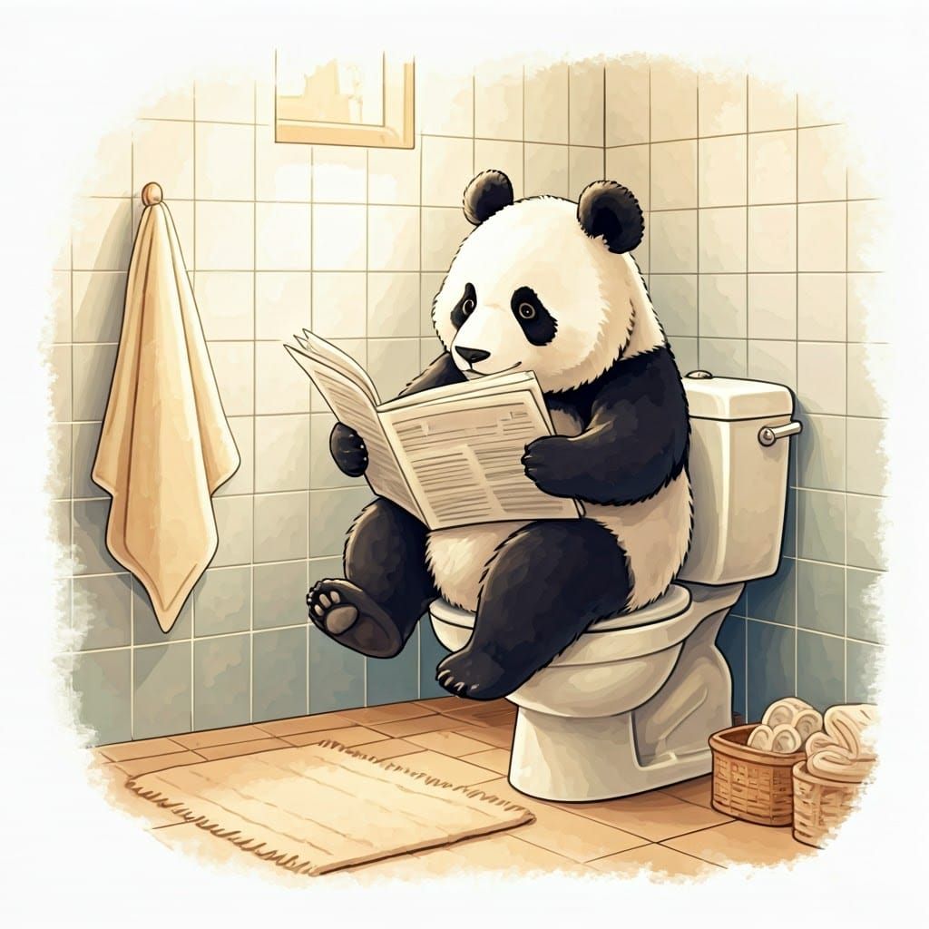 Panda Reading Newspaper in Bathroom, Watercolor Style
