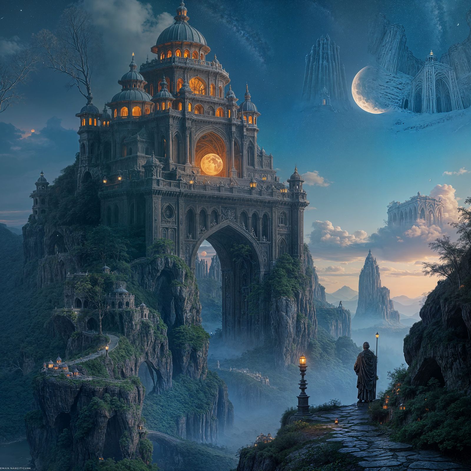 Ornate Fantasy Structure with Glowing Orb and Moonlit Path