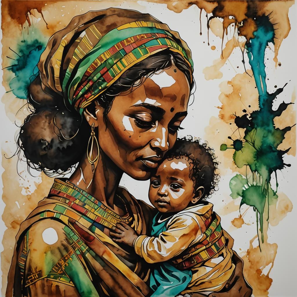 Ethiopian Ink Painting of Mother and Child