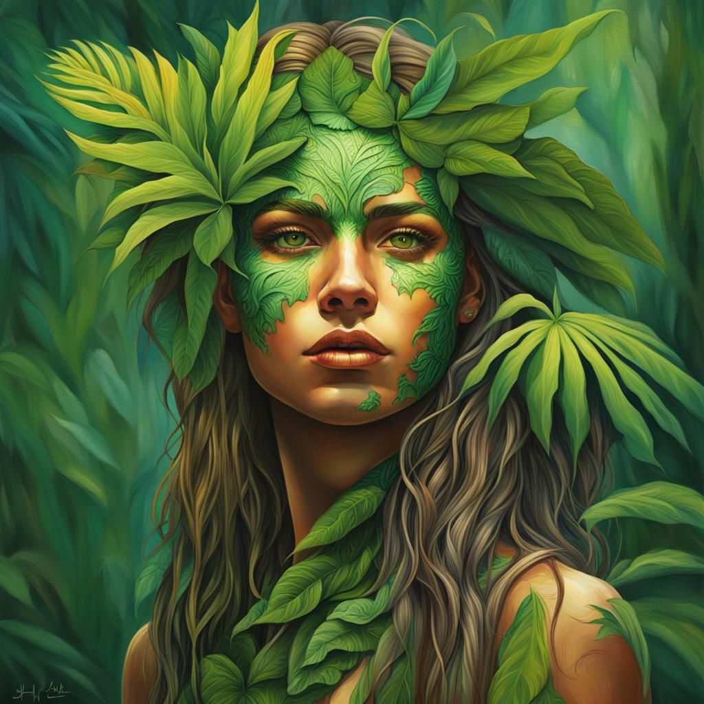 Green Man Girl in Jungle, 1960s Style Portrait