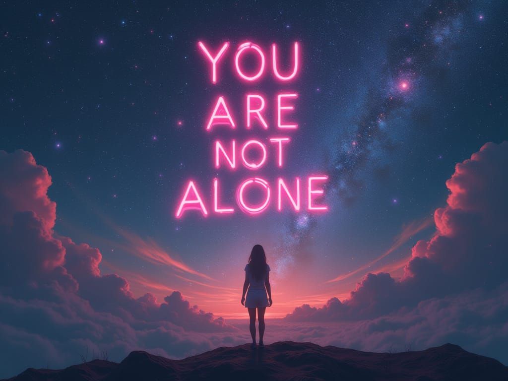 Woman in Galaxy with Neon Message, Digital Art