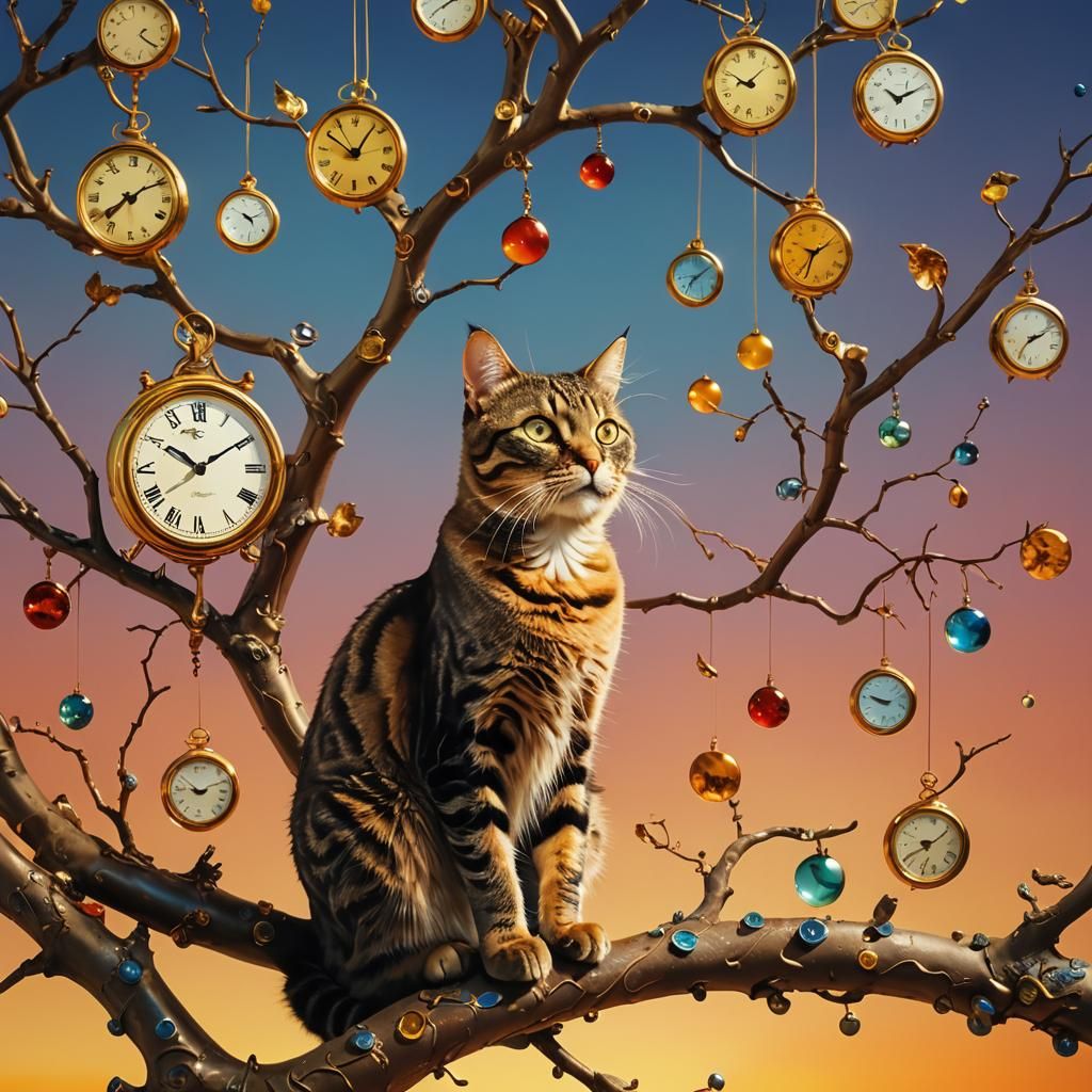 Surreal Cat on Dreamlike Branch in Salvador Dali Style