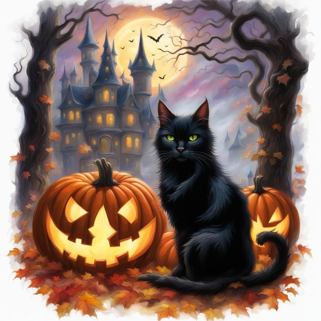 Halloween Castle Scene with Cat and Witch Pumpkins
