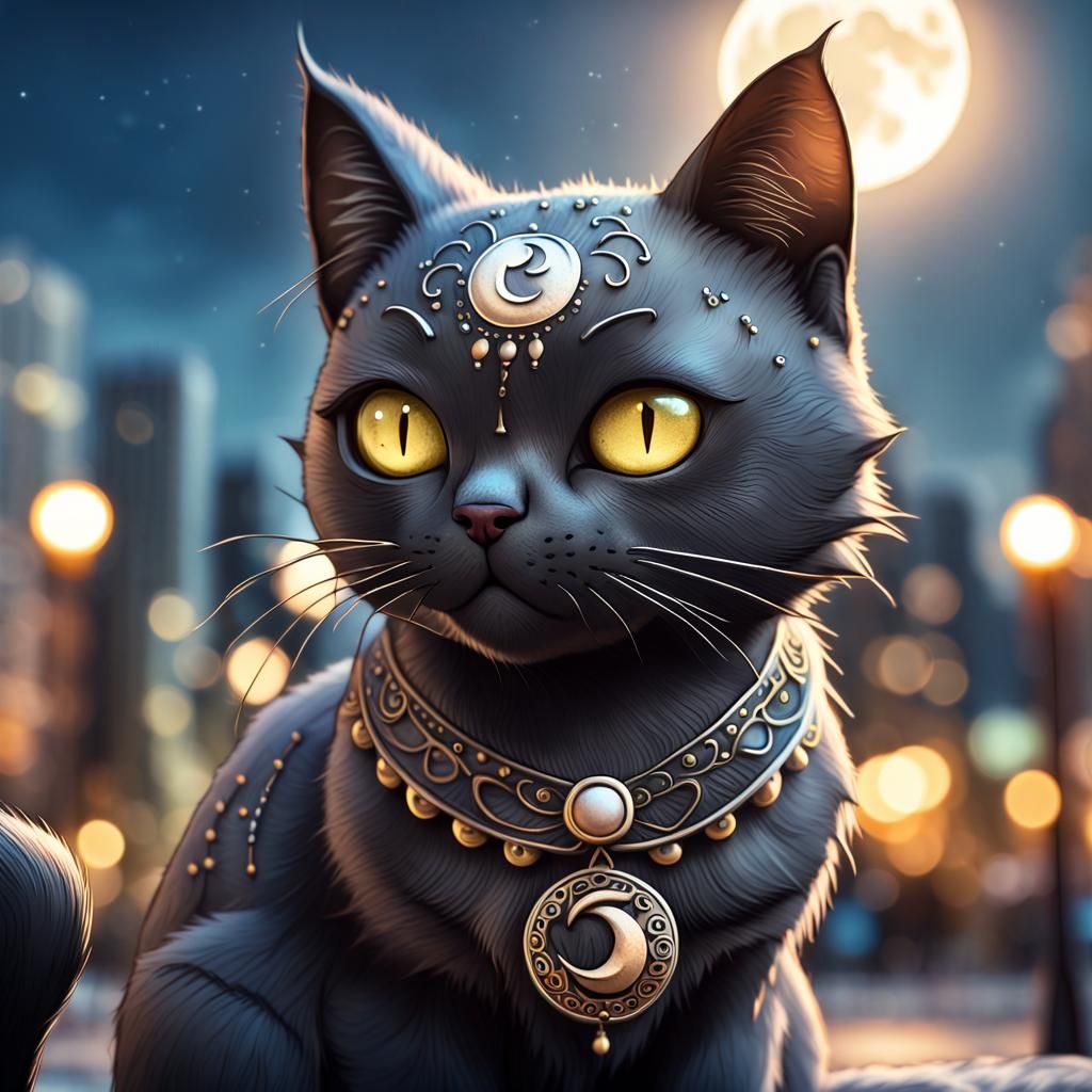 Cartoon Black Cat with Moon in Hyperrealistic City