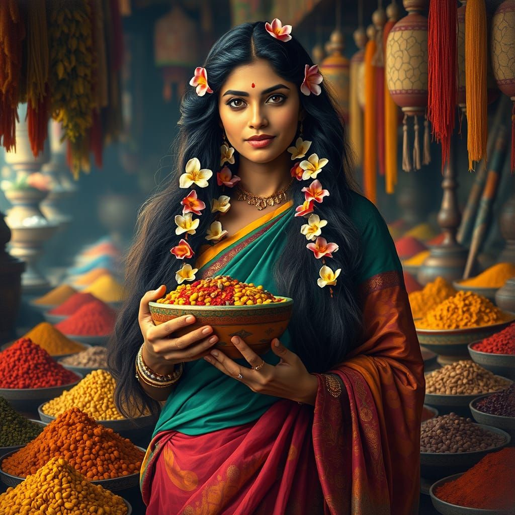 Indian Woman in Vibrant Spice Market with Jasmine Flowers an...