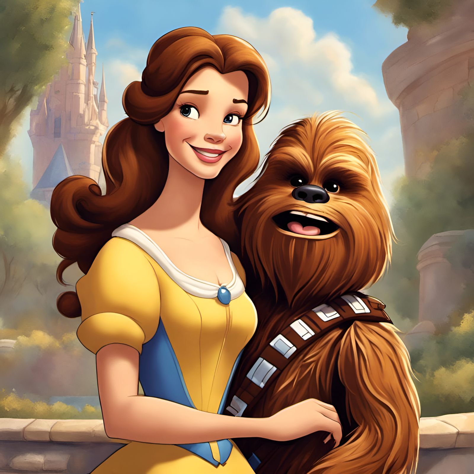 Belle and Chewbacca Portrait in Larson Cartoon Style