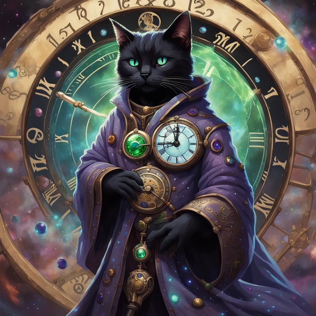 Clock-Wizard Cat Bends Time in Steampunk Setting