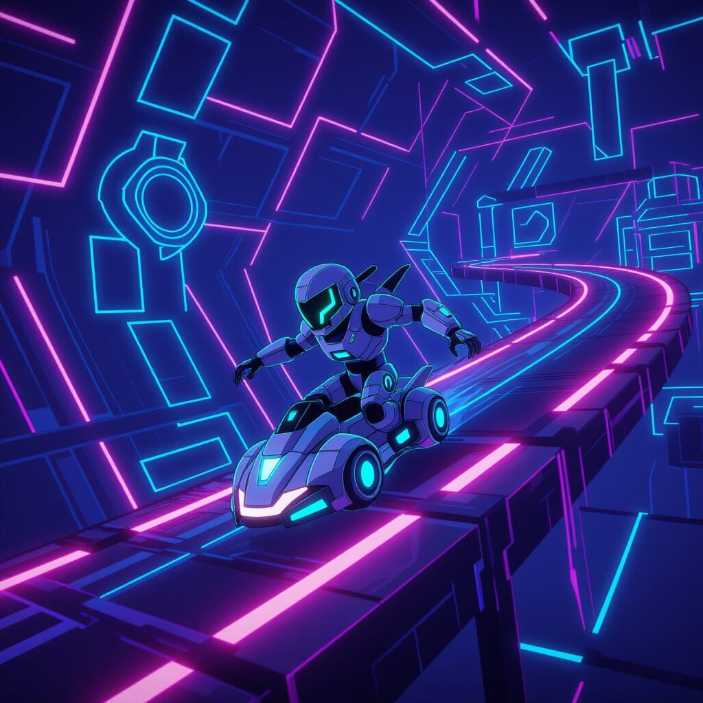 Geometry Dash Robot Navigates Neon Course in Futuristic Styl...