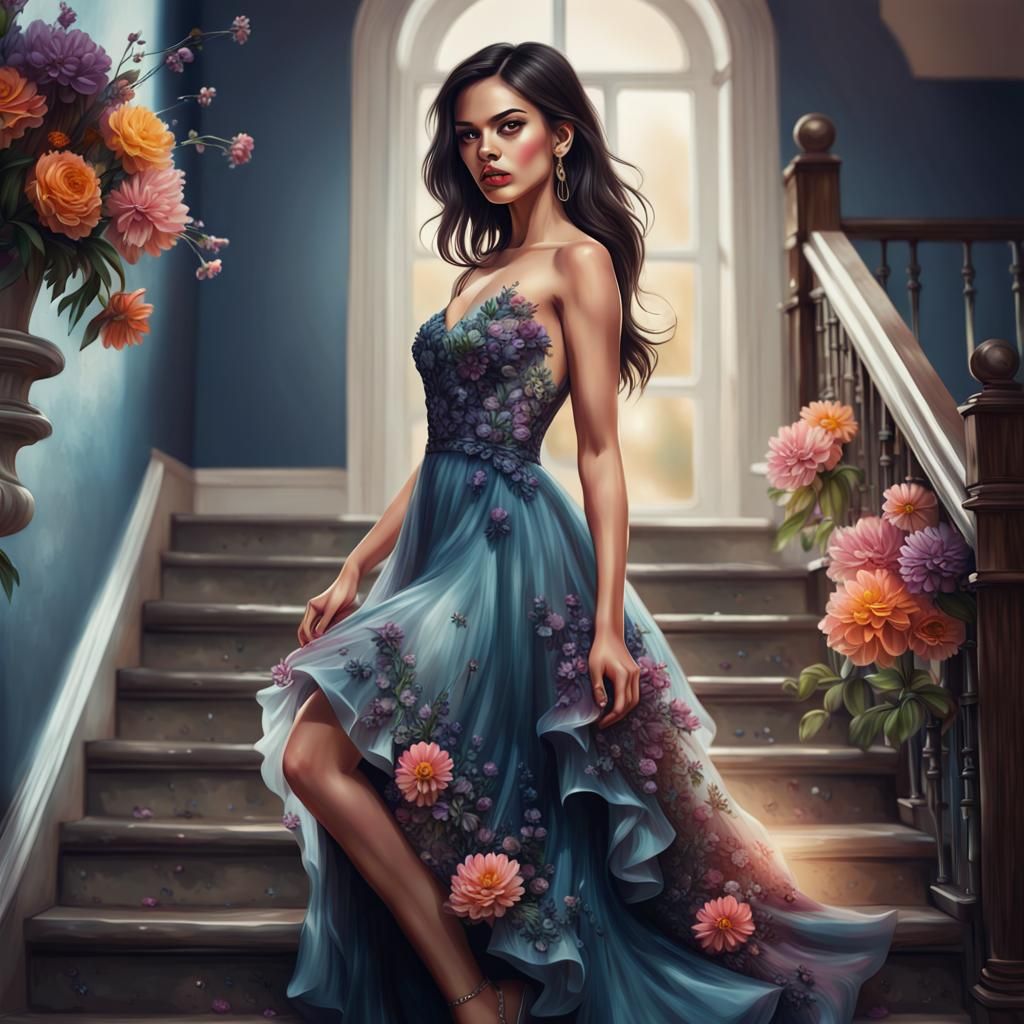 Woman in Prom Dress with Flowers: Hyperrealistic Splash Art