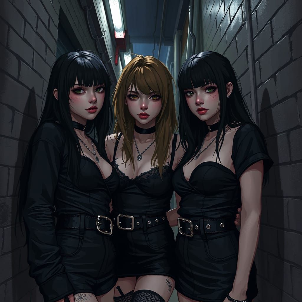 Dark Emo Girls Posing in a Dimly Lit Alleyway
