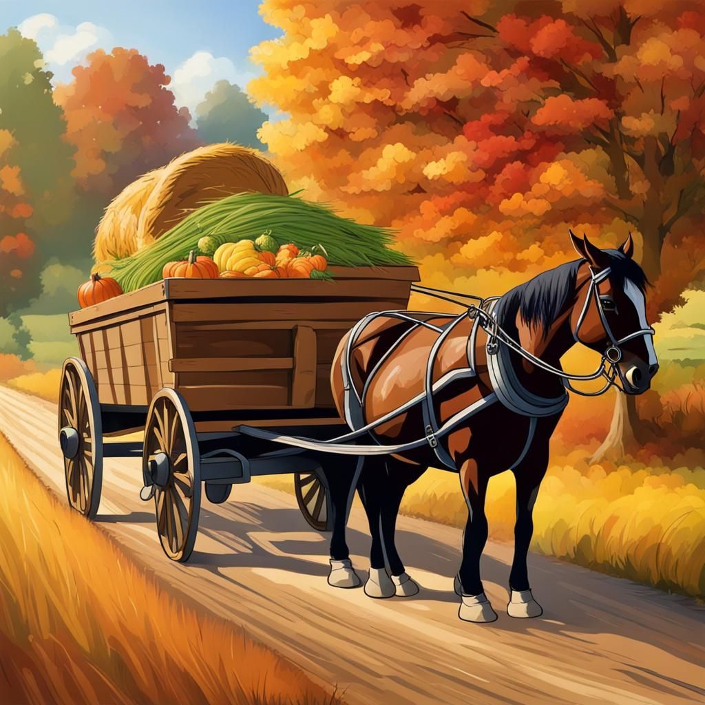 Autumn Harvest: Horse-Drawn Wagon in Rural Scene