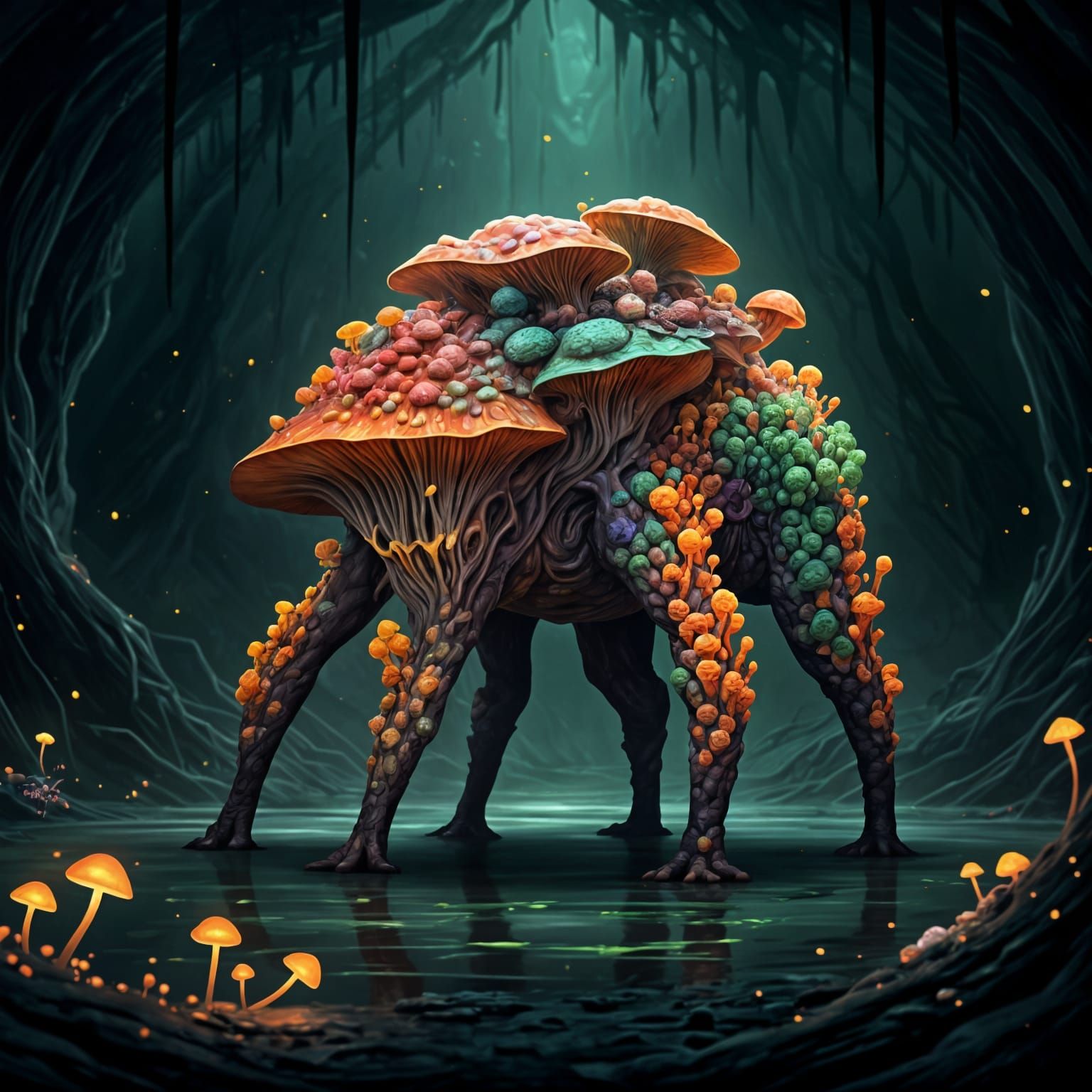 Dark Fantasy Mushroom Beast in Spore-Filled Swamp