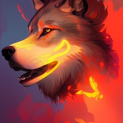 Neon Ember Wolf Portrait in Hyperdetailed Splash Art