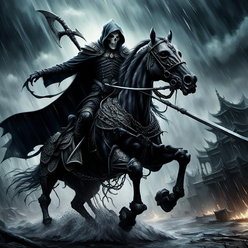 Skull Reaper on Armored Horse in Gothic Storm