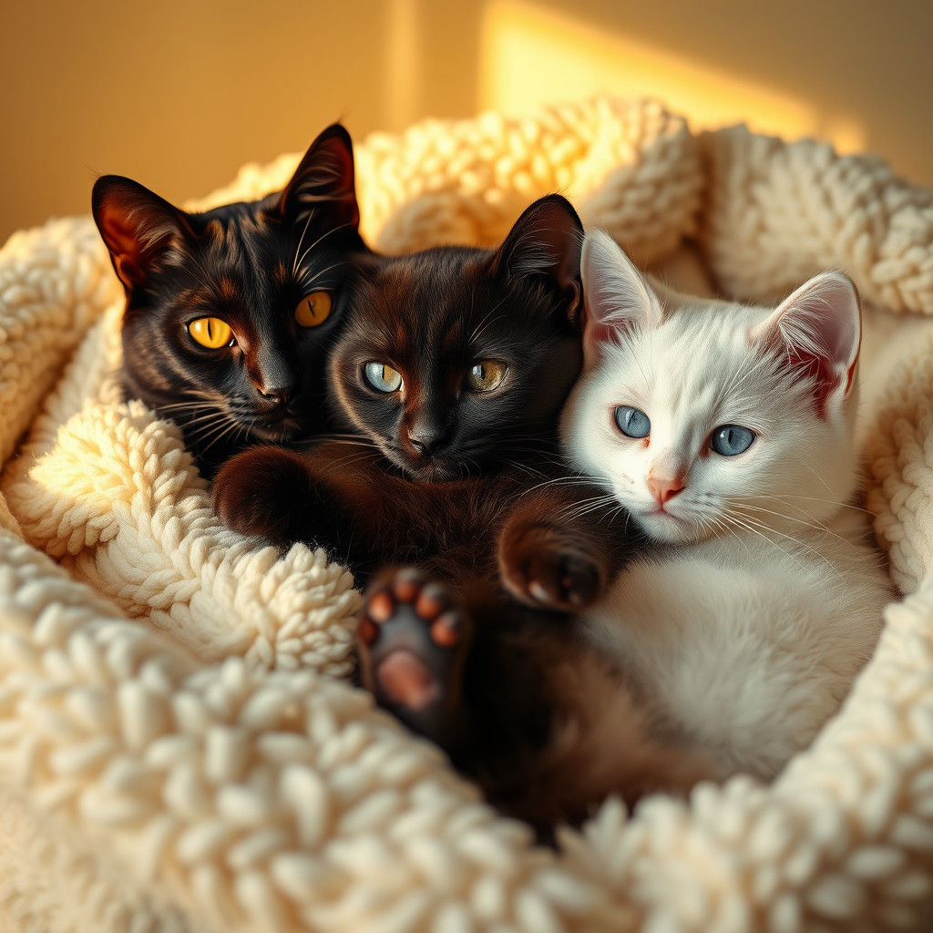 Black and White Cats Cuddle in Golden Light