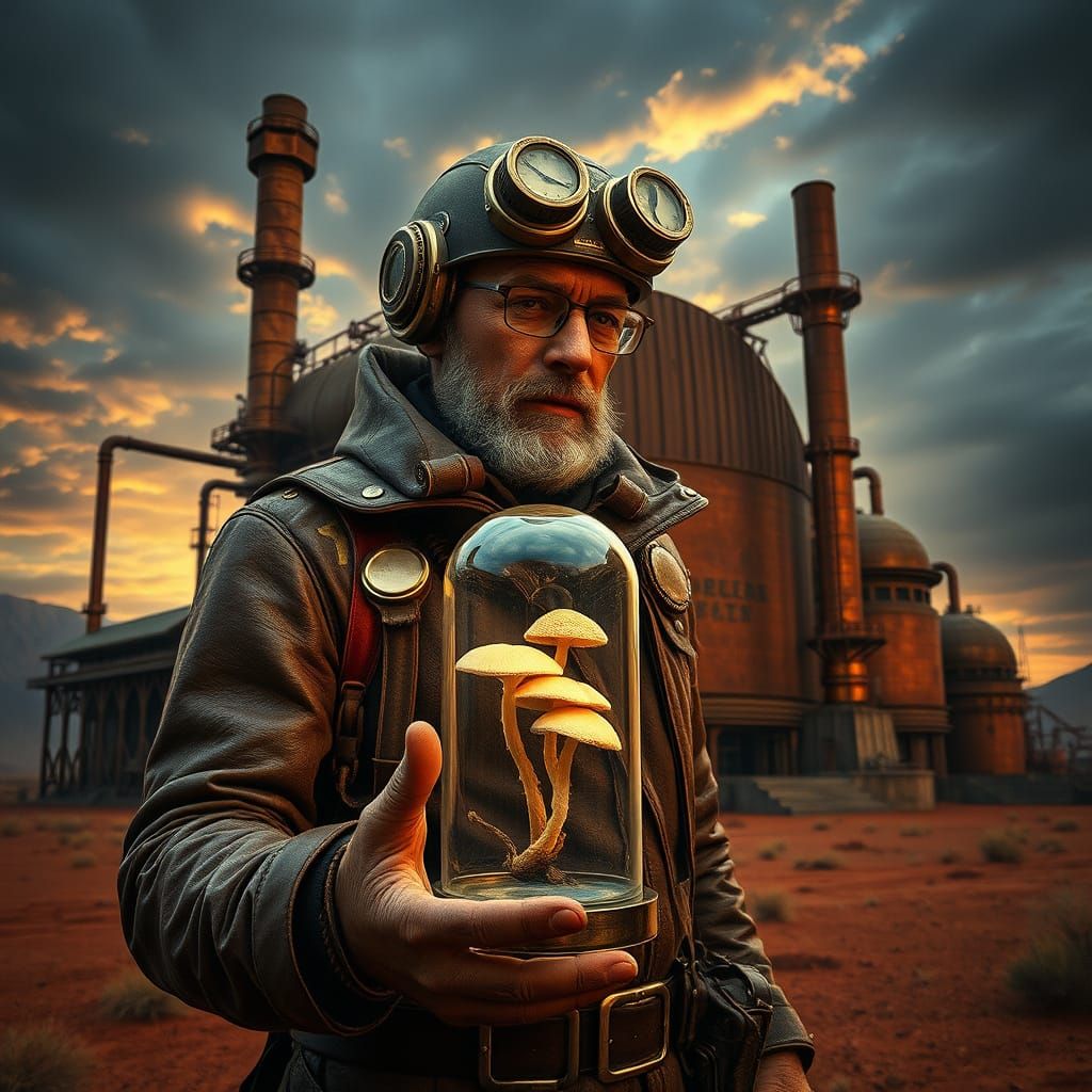 Futuristic Mycologist Unveils Rare Specimen in Steampunk Was...