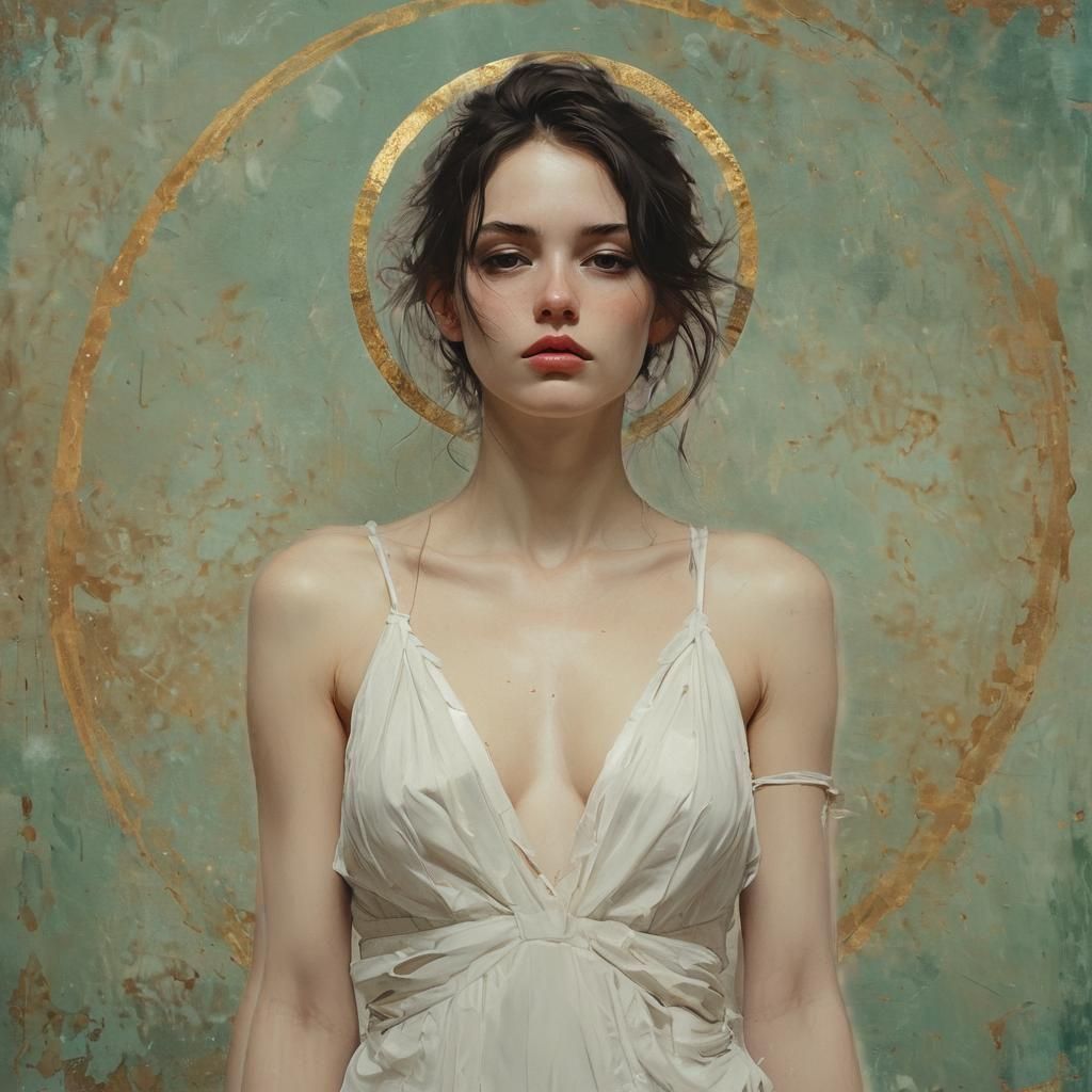 Woman with Gold Circle on Verdigris Background