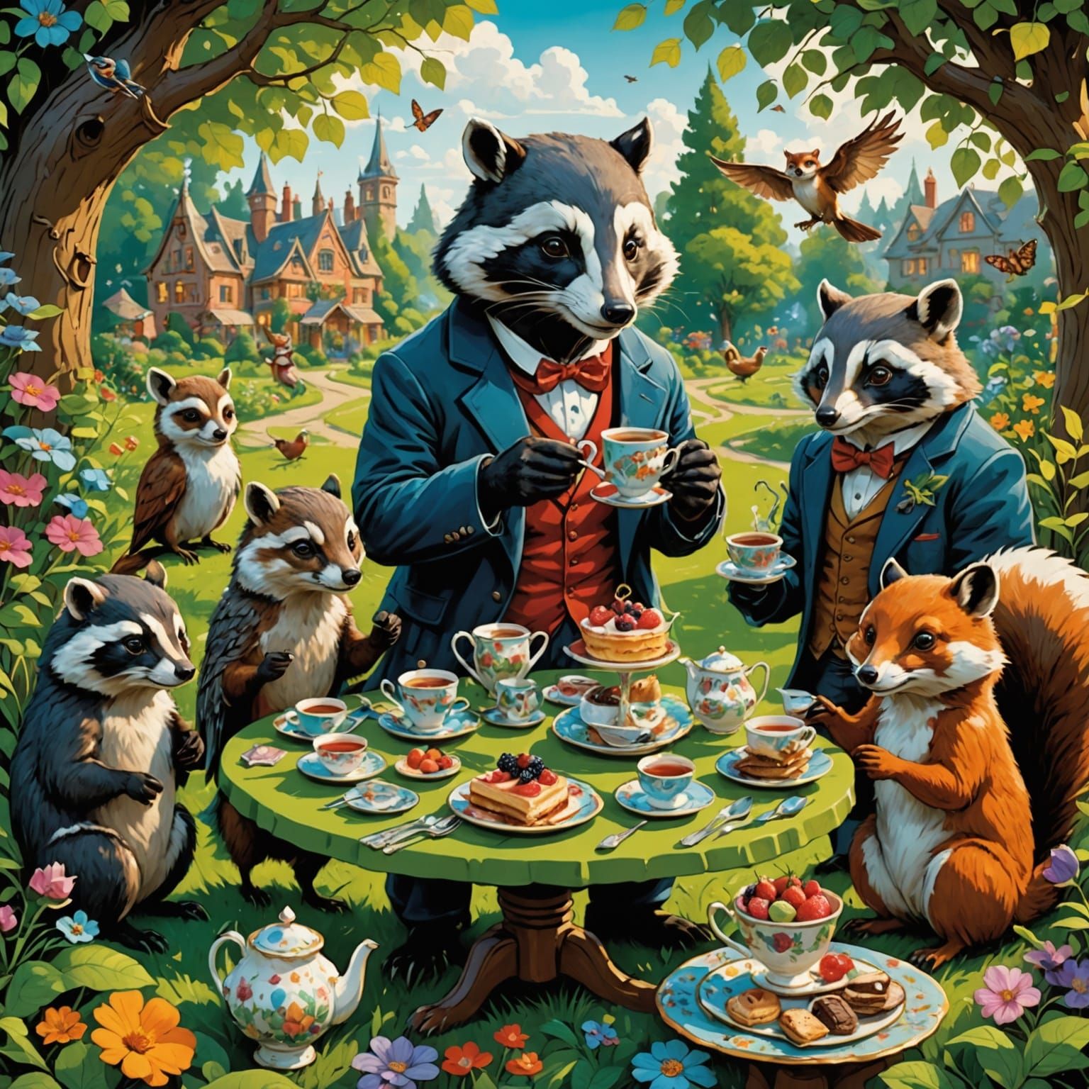 Whimsical Tea Party in Lush Garden, Comic Book Art Style