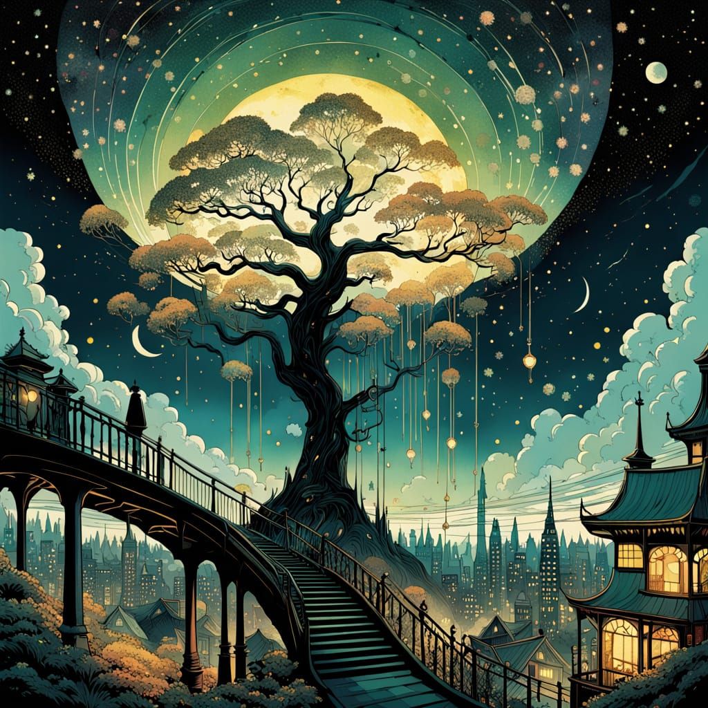 victorian city silhouette made of ornate motifs, night sky with lots of stars, sta...