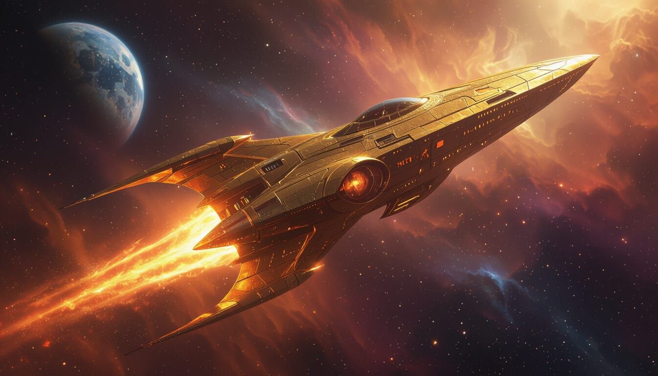 Golden Spaceship Ascends Through Fiery Nebula