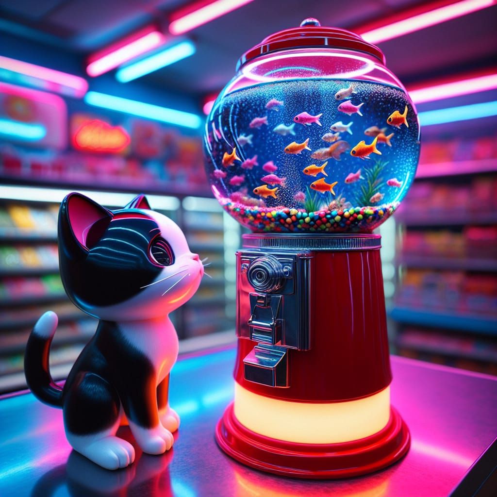 Kitten Gazes at Fishbowl Gumball Machine