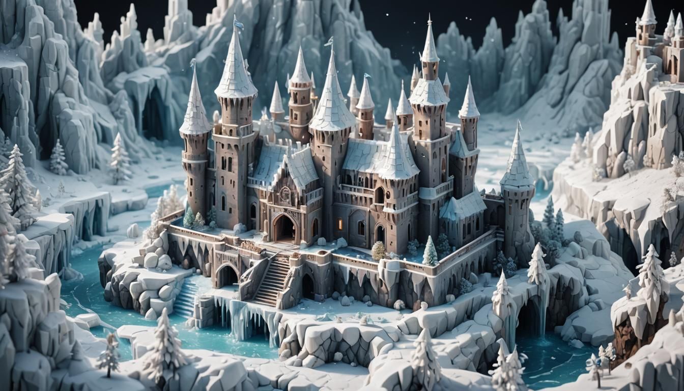 Fantasy Ice Castle Miniature in 8-Bit Style