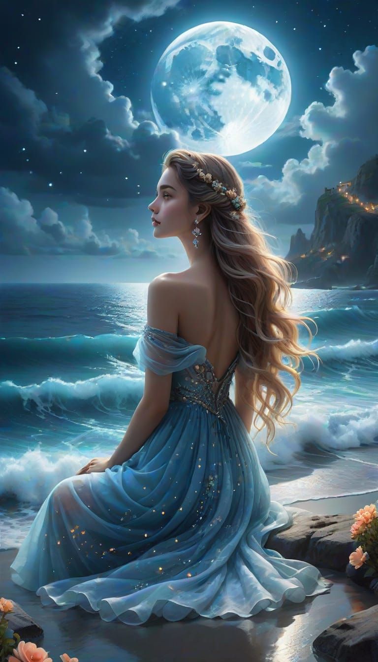 Woman Gazing at Moonlit Ocean, Ultra-Realistic