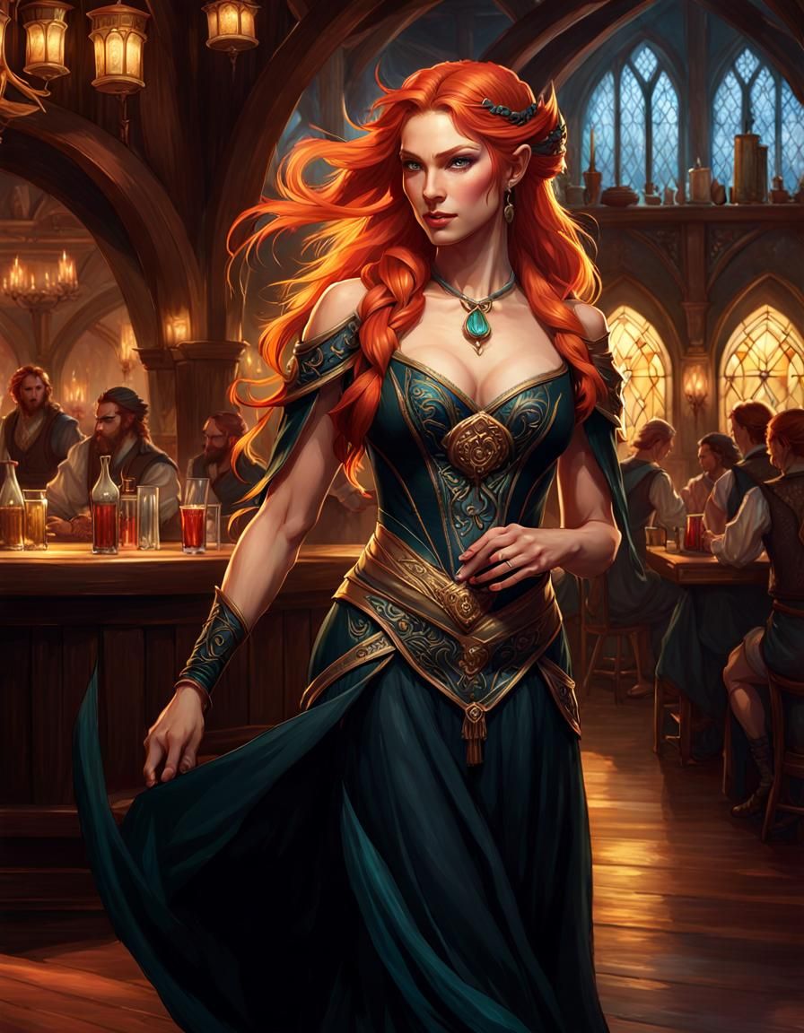 Eladrin Elf Dancer in Tavern, Hyperdetailed Concept Art