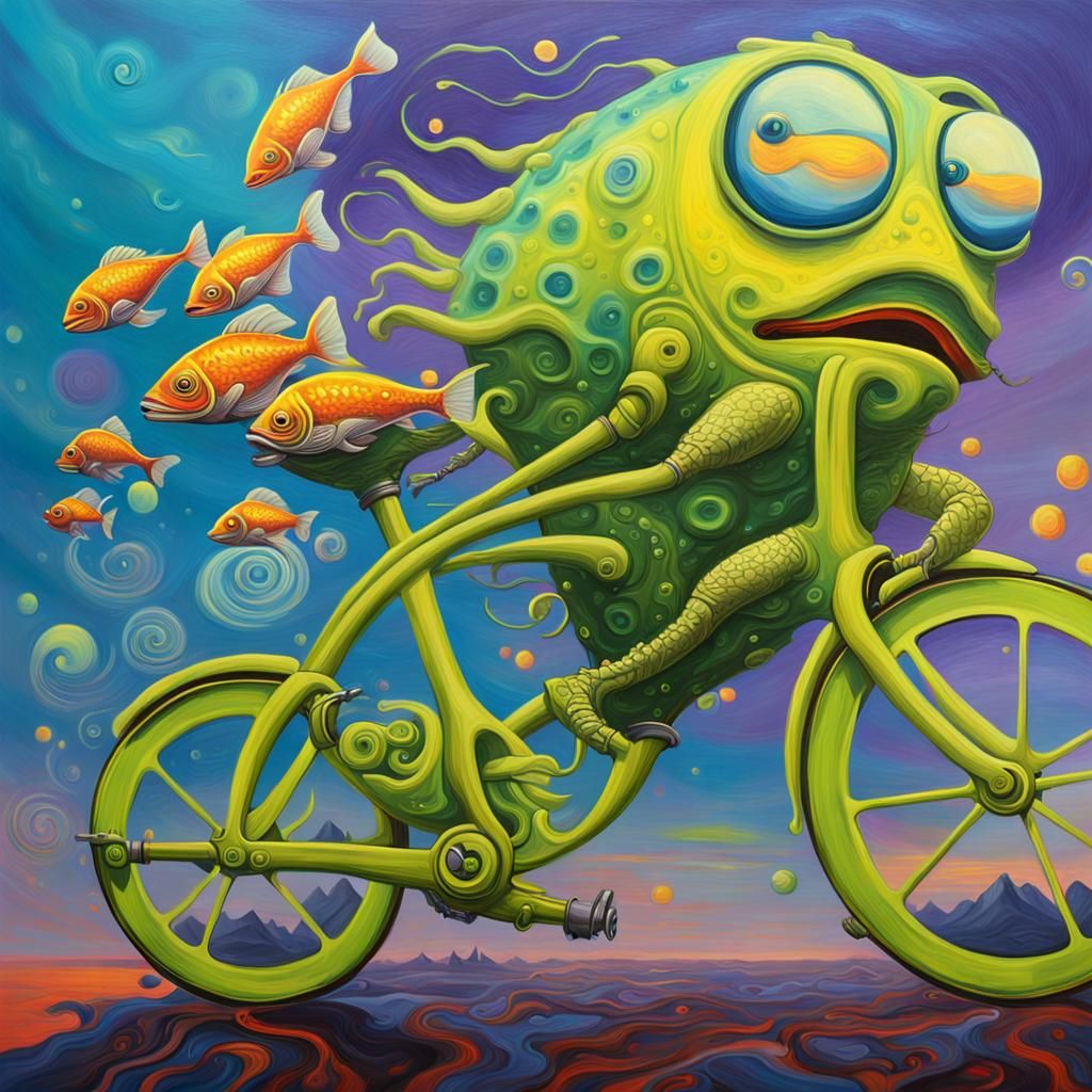 Goofy Fish Rides Glowing Bicycle in Surrealist Dreamscape