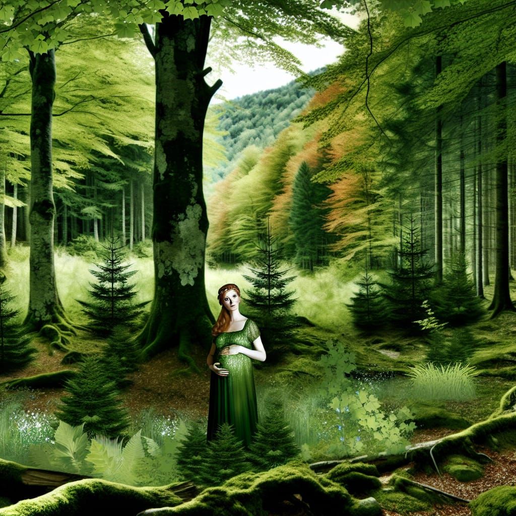 Pregnant Woman in Picturesque Forest: Matte Painting