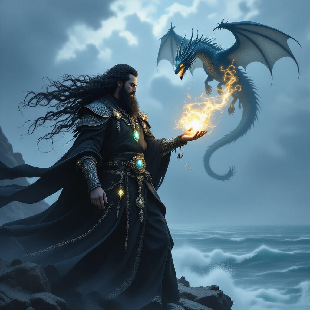 Dark Wizard Summons Dragon on Windswept Cliff