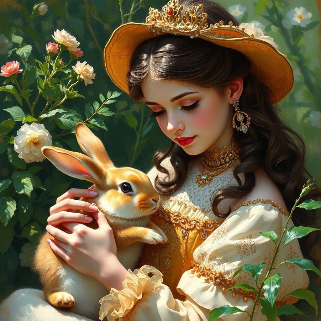 Elegant Girl Petting a Rabbit in Lush Impressionist Landscap...