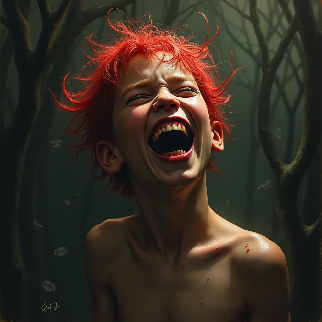 Demonic Boy Laughing in a Mystical Realm