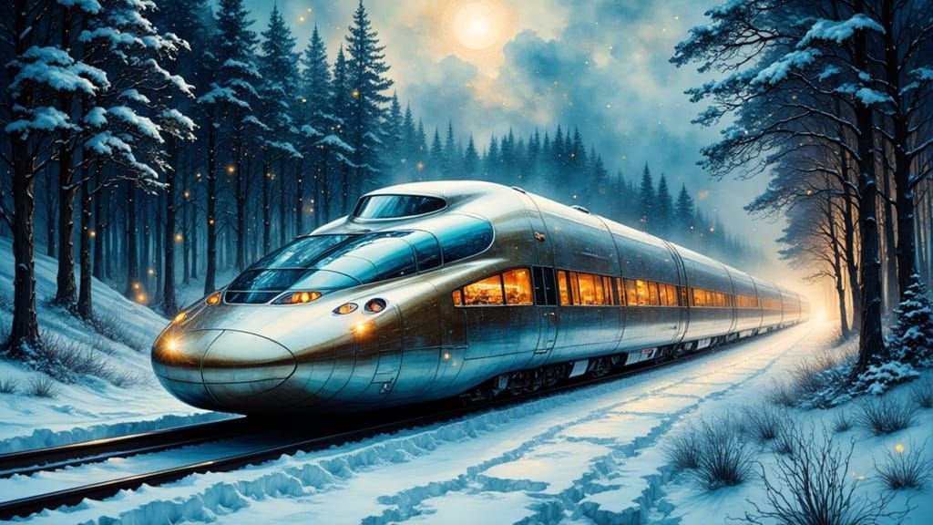 Modern Bullet Train in Snowy Forest at Dusk