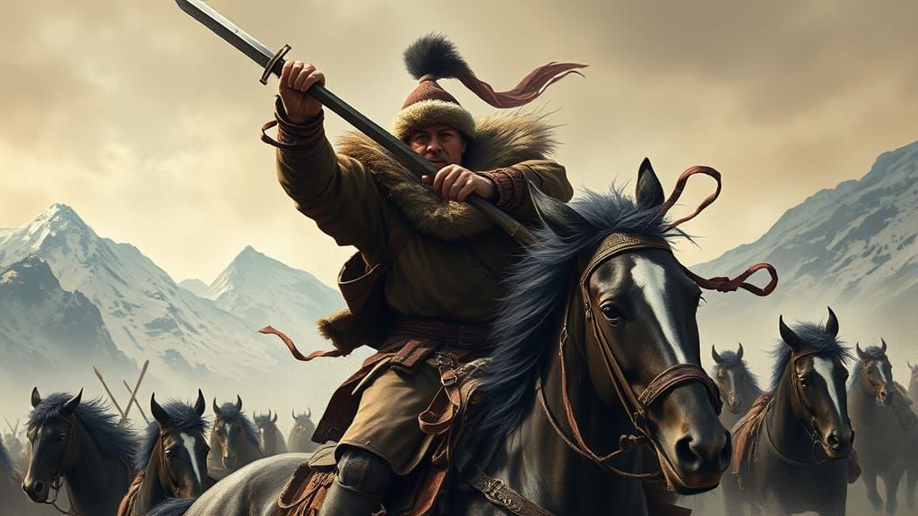 Mongol Warrior Charges into Battle with Fierce Determination