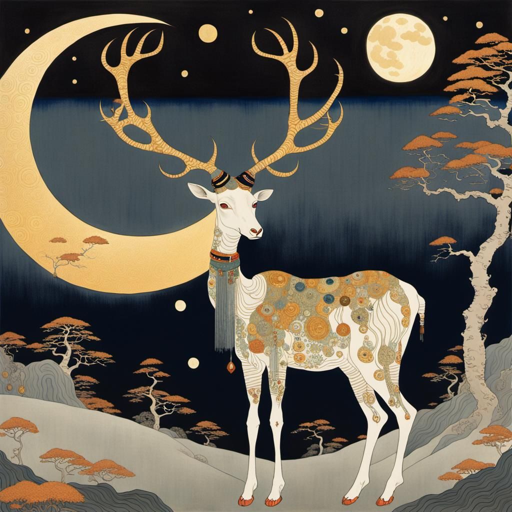 Eerie Moonlit Woman in Ukiyo-e Klimt Style