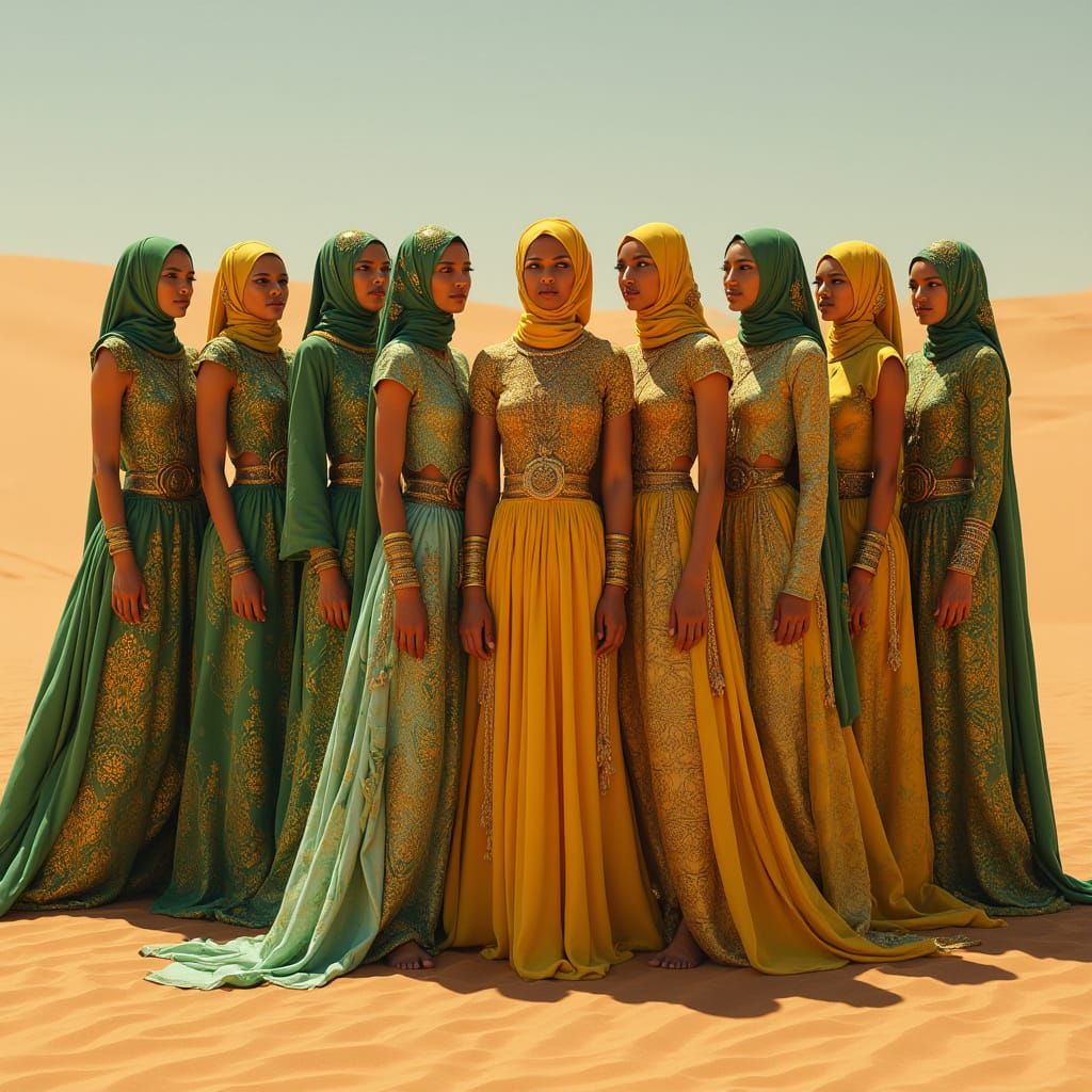 Regal Desert Goddesses in Vibrant Gold, Green, and Bronze At...