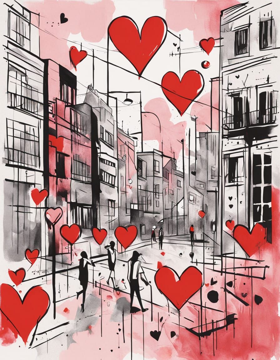 Modern Valentine's Day Cityscape in Bright Colors and Edgy C...