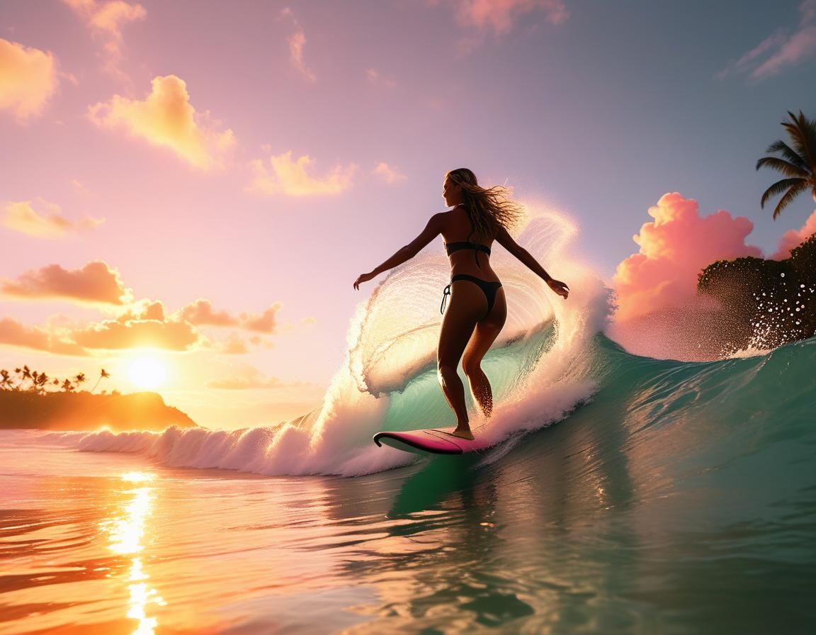 Surfer Girl Rides Sunset Wave: Tropical Concept Art
