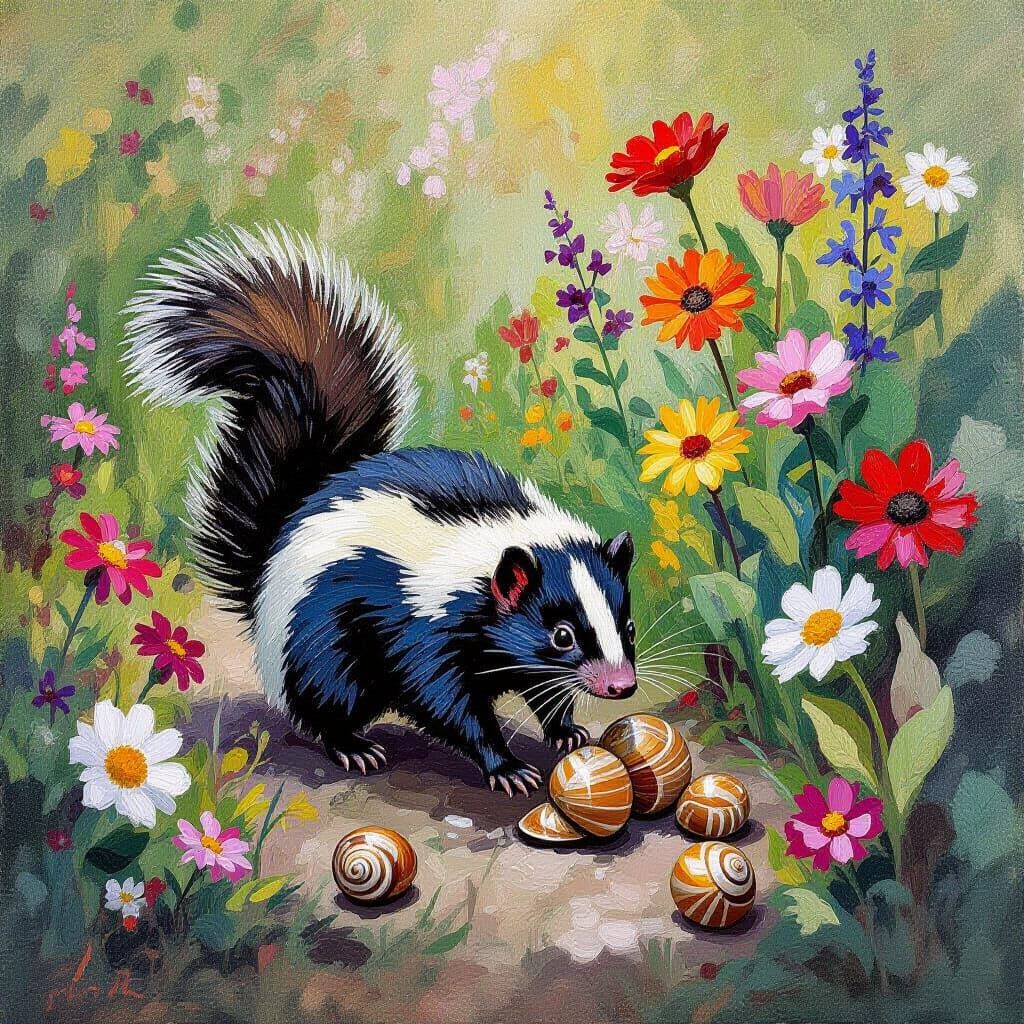 Skunk Eats Snails in Lush Garden, Impressionist Style