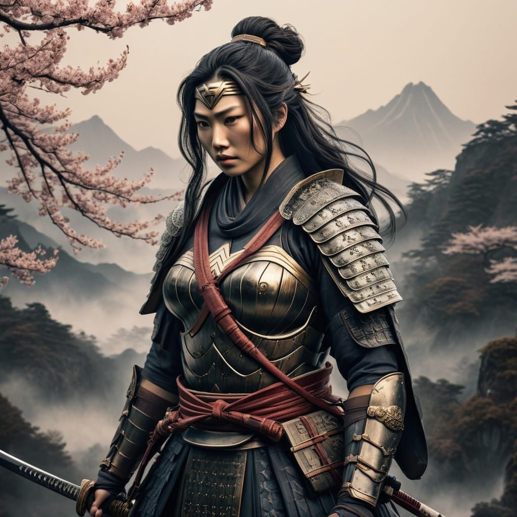 Wonder Woman as a Samurai in Japanese Ink Wash Painting