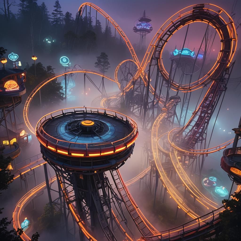 Extreme Theme Park at Dusk in Cinematic Style